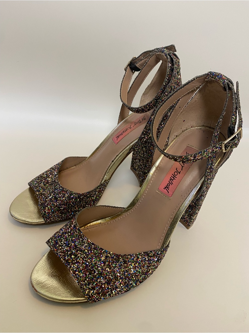 Betsey Johnson Multicolor Glitter and Gold Block Heel Sandals